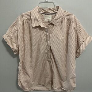 Women’s J. Crew Beige/White Striped 1/2 Button Front Short Sleeve Top, Large